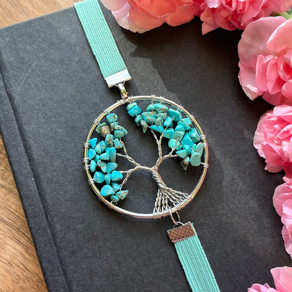 Turquoise Tree of Life Bookmark • Blue Crystal Book Thong • Crystal Bookmarker • Bookworm Gifts •
