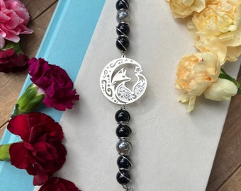 Midnight Fox Bookmark, Blue Goldstone and Mystic Agate Bookmark • Fox Bookmark • Crescent Moon Fox Bookmark, Fox Book Thong, Book Jewelry