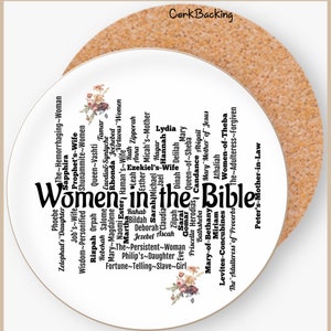 May include: A white ceramic plate with a black word cloud listing women in the Bible. The plate has a floral design around the edge.