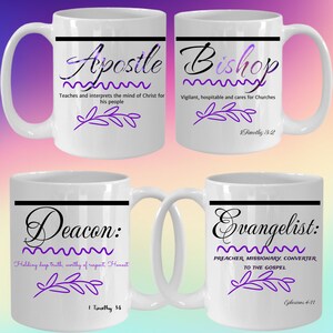 May include: Set of four white ceramic mugs with black and purple text and designs. Each mug features a different Christian ministry role: Apostle, Bishop, Deacon, and Evangelist. Each mug includes a Bible verse related to the ministry role.