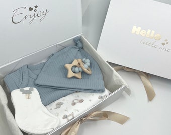 Personalized Newborn  Gift Set - Baby Boy Gift Box - Organic Cotton Ribbed Bodysuit and beanie hat - Unique Design Swaddle and Burp Cloth