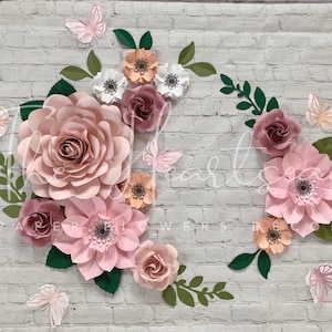 Paper Flowers with Butterflies - Pink, Blush, dusty rose White and Silver- Nursery Girl Room Wall Decor