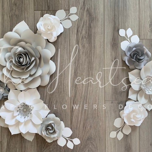 MONOCHROMATIC White and Gray Paper Flowers Set of Paper Etsy