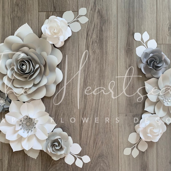 MONOCHROMATIC - White and Gray Paper Flowers - Set of paper flowers and leaves - Paper Flowers Wall decor - Black and white  - party decor