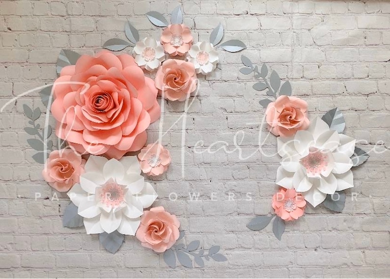 READY TO SHIP Pink and White Paper Flowers Wall Decor Set of 12 Paper