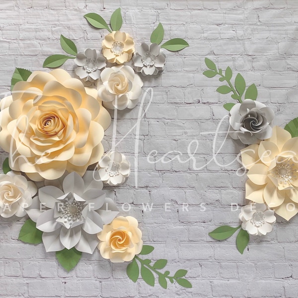 Yellow and Gray Paper Flowers, Set of 12 paper flowers - Pale Yellow, Light grey and Ivory Paper Flowers Decor - Nursery Paper Flowers