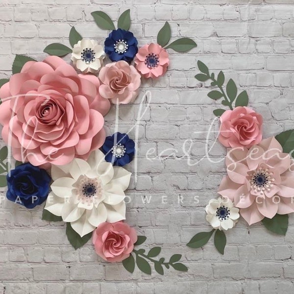 Paper Floral Arrangement - Pink and Navy - set of 12 paper flowers - nursery wall decor - girls room decor - wall decor