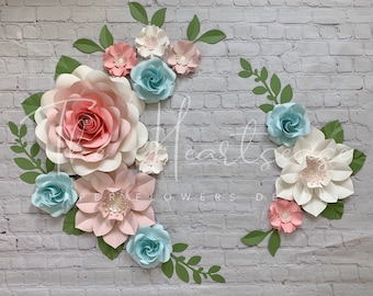 Set of 12 Paper Flowers inspired by Levtex Baby Malia Bedding - Pink and Light Blue - Nursery Wall Decor - Paper Flowers Decor