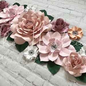 Set of 13 Paper Flowers with leaves  - Pink, Blush, dusty rose White, peach - Nursery Girl Room Wall Decor - Wall Centerpiece Decor- Nursery