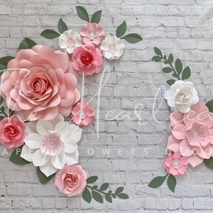 READY TO SHIP  Elegant Pink and White Paper Flowers Wall Decor - Set of 12 paper flowers - Nursery Wall Decor - Girls Room Decor