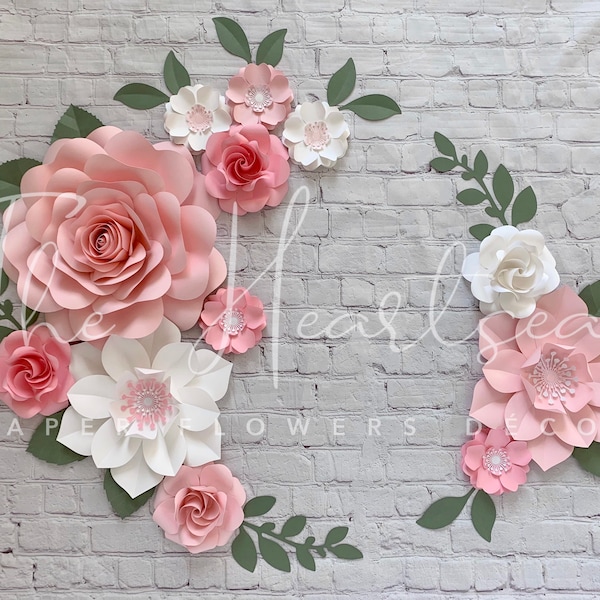 Pink and White Paper Flowers Wall Decor - Set of 12 paper flowers - Nursery Wall Decor - Girls Room Decor