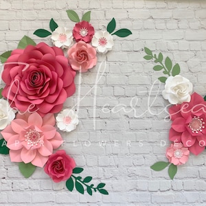 READY TO SHIP  Hot Pink and White Paper Floral Wall Decor - Bright Pink Paper Flowers - Nursery Wall Decor - Girls Room Decor