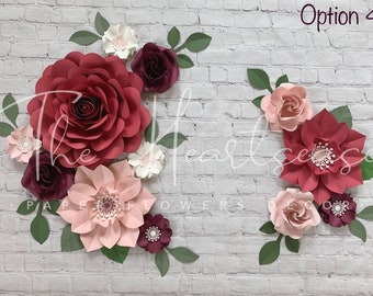 Burgundy and Blush Paper Flowers Decor - Set of 12 paper flowers - Baby Shower Decor - Bridal Shower Decor - Burgundy Wall Decor
