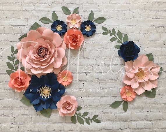 Paper Floral Arrangement Coral Peach and Navy Blue Set of 12 Paper Flowers Nursery Wall Decor Girls Room Decor Customized Wall Deco Etsy