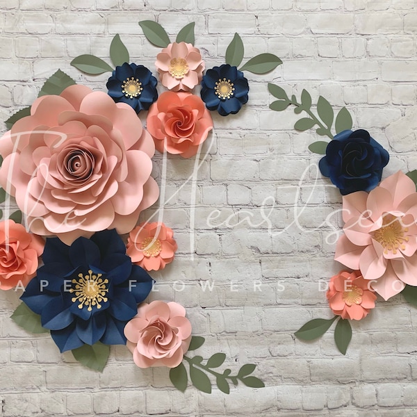 Paper Floral Arrangement - Coral, Peach and Navy Blue- set of 12 paper flowers - nursery wall decor - girls room decor- Customized wall deco