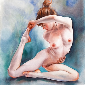 Erotic Poster from original watercolor "Your Breath" by Julia Ustinovich. Body Sexy Yoga Turquoise Girl Nude Naked image 1