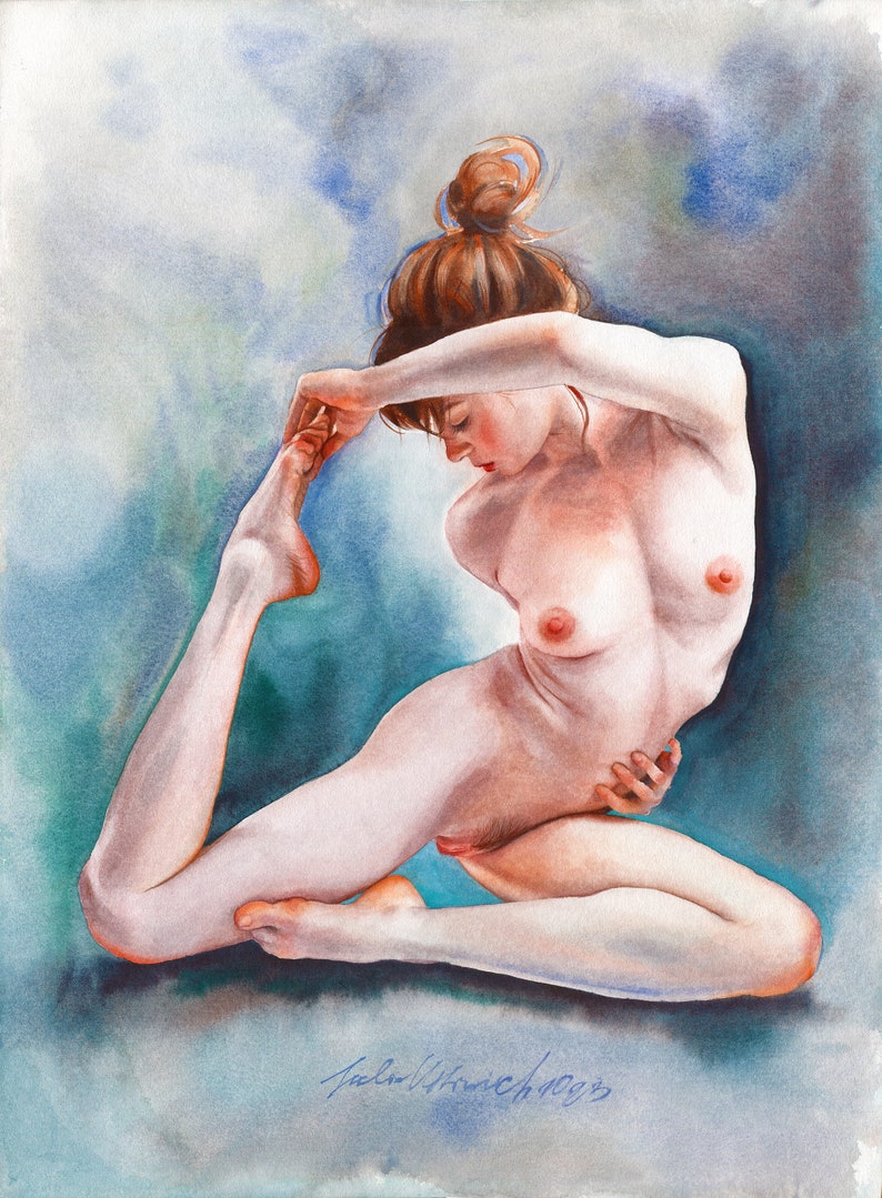 Erotic Poster from original watercolor "Your Breath" by Julia Ustinovich. Body Sexy Yoga Turquoise Girl Nude Naked image 1