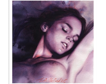 Original Watercolor Portrait Print – Dreamy Feminine Wall Art, Contemporary Figurative Painting, Fine Art Giclée Print, Purple Bedroom Decor
