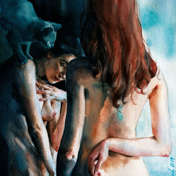 Fine art print from original watercolor erotic art Adult Games girls nude LGBT