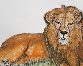 Lion watercolour, lion art, African wildlife painting, lion picture