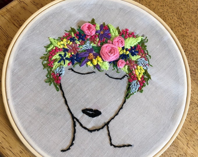 Embroidery hoop art, floral embroidery, wall hanging, lady with floral hair