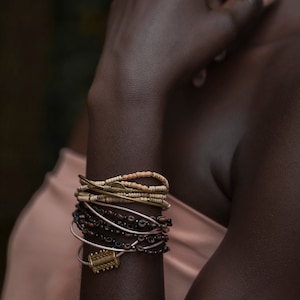 Boho Chic Convertible Bracelet & Choker in Organic Termite Beads, Brass Sun Floating Charm, Metallic Gold Leather