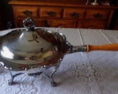 Vintage Silver Plate Ornate 5 Piece Chafing Fondue Set Wooden Handle Alcohol Burner