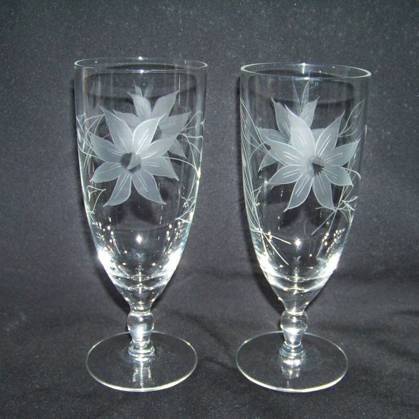 2 Glastonbury Lotus Glass Pattern 3615 Gray Cut Flowers and Leaves Ball Stem Iced Tea Glasses