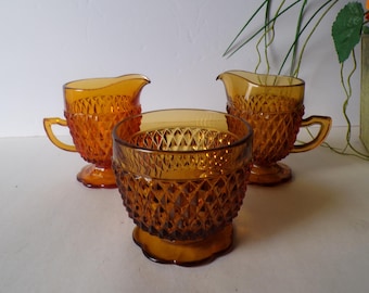 Indiana Glass Amber Diamond Point 2 Creamers and Open Sugar Bowl