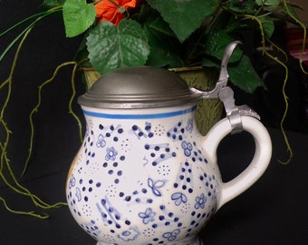 Vintage Marked White and Blue Porcelain German Stein