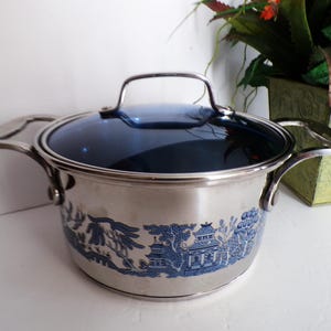 May include: Stainless steel cooking pot with a blue glass lid and side handles. The pot features a blue and white Willow pattern design around the base. The lid has a silver handle.