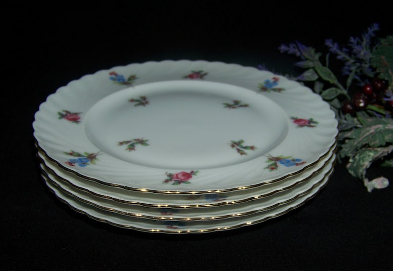 Royal Tettau China Dresden Flowers Gold Rim Bread and Butter Plates 4