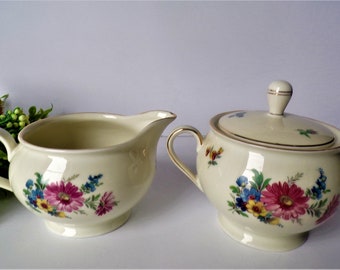 Antique Hertel Jacob Rehau Porcelain Creamer and Sugar Bowl Set: Floral Gold Trim