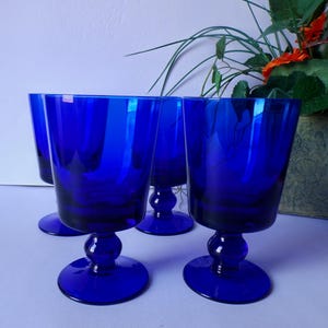 Vintage Cobalt Blue Ball Stem Barware Glasses Set of 4