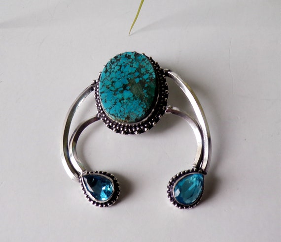 Vintage Sterling Turquoise and Blue Topaz Large P… - image 1