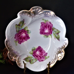 Antique Hand Painted Pink Roses and Gold Trim Porcelain Bowl