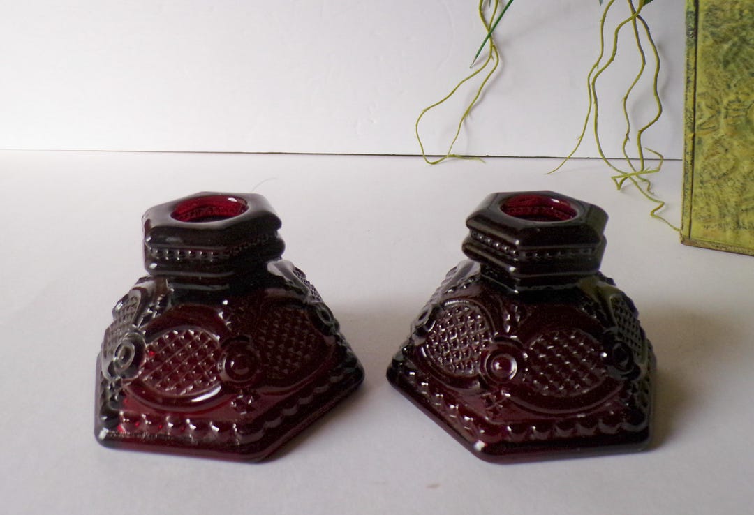 Pair of Vintage Avon Glass Ruby Red Cape Cod Candlesticks/candleholders ...