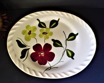 Vintage Handpainted Blue Ridge Southern Pottery Green and Red Flowers Oval Platter