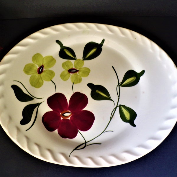 Vintage Handpainted Blue Ridge Southern Pottery Green and Red Flowers Oval Platter