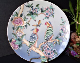 Vintage Hand Painted Made in Macau Porcelain Parrots and Exotic Flowers Large Plate