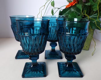 Vintage Indiana Glass Dark Blue Mt Vernon Water Goblet Set of 4