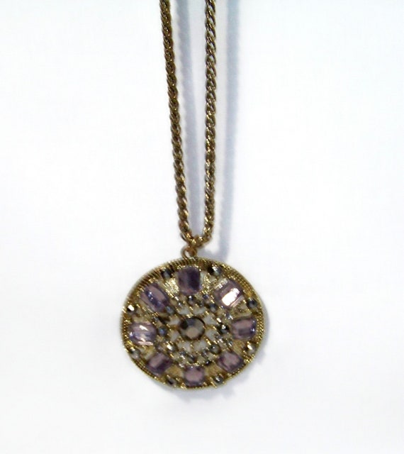 Vintage Large Amethyst Rhinestone Pendant and Gol… - image 3