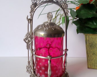 Vintage Fenton Cranberry Snowballs Pickle Castor: L G Wright Silver Plate Frame