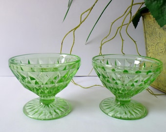 Jeannette Windsor Green Uranium Glass Sherbet - Set of 2