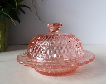 Jeanette Glass Pink Holiday aka Buttons and Bows Round Covered Butter Dish