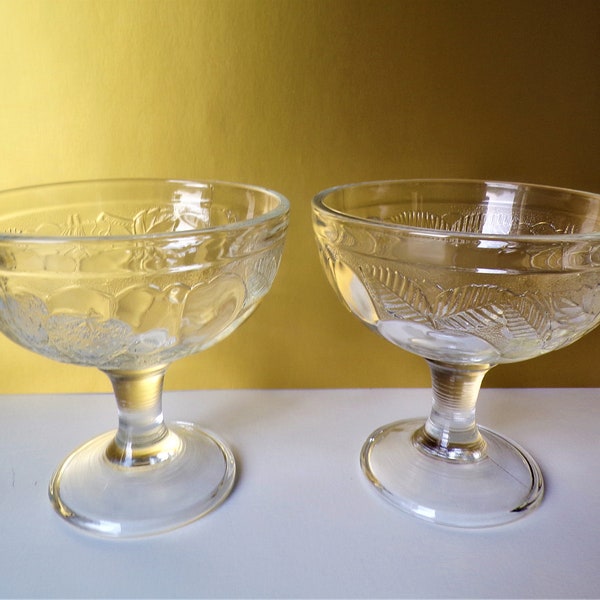 2 Vintage Indiana Glass Clear Fruit Pattern Footed Dessert Bowls Ice Cream Bowls