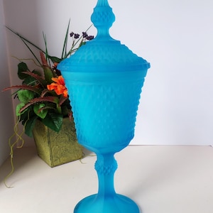 Vintage Indiana Glass Frosted Blue Footed Diamond Point Urn with Lid Apothecary Jar