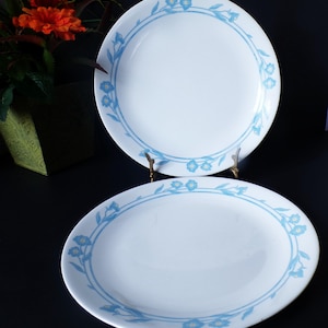 May include: Two white ceramic plates with a light blue floral design around the rim. The plates are round and have a simple, elegant aesthetic. The floral pattern includes small blue flowers and leaves.