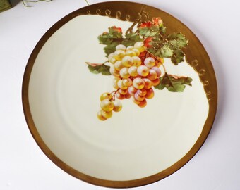 Antique Hand Painted Porcelain Platter Cluster Grape Motif Heavy Gold Trim Bavaria Germany