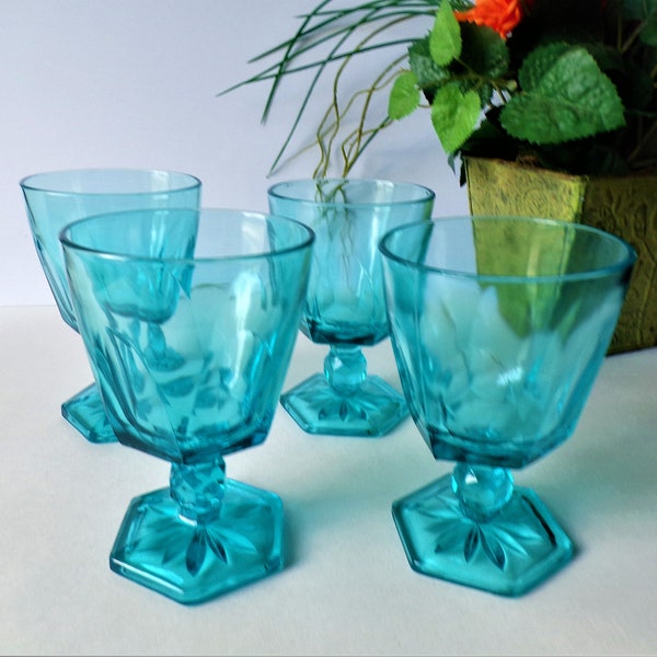 Vintage Turquoise Blue Water Wine Cocktail Goblet Flower Cut Octagon Base Set of 4